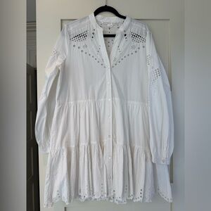 Veronica Beard White Tiered Midi Dress with Mandarin Collar